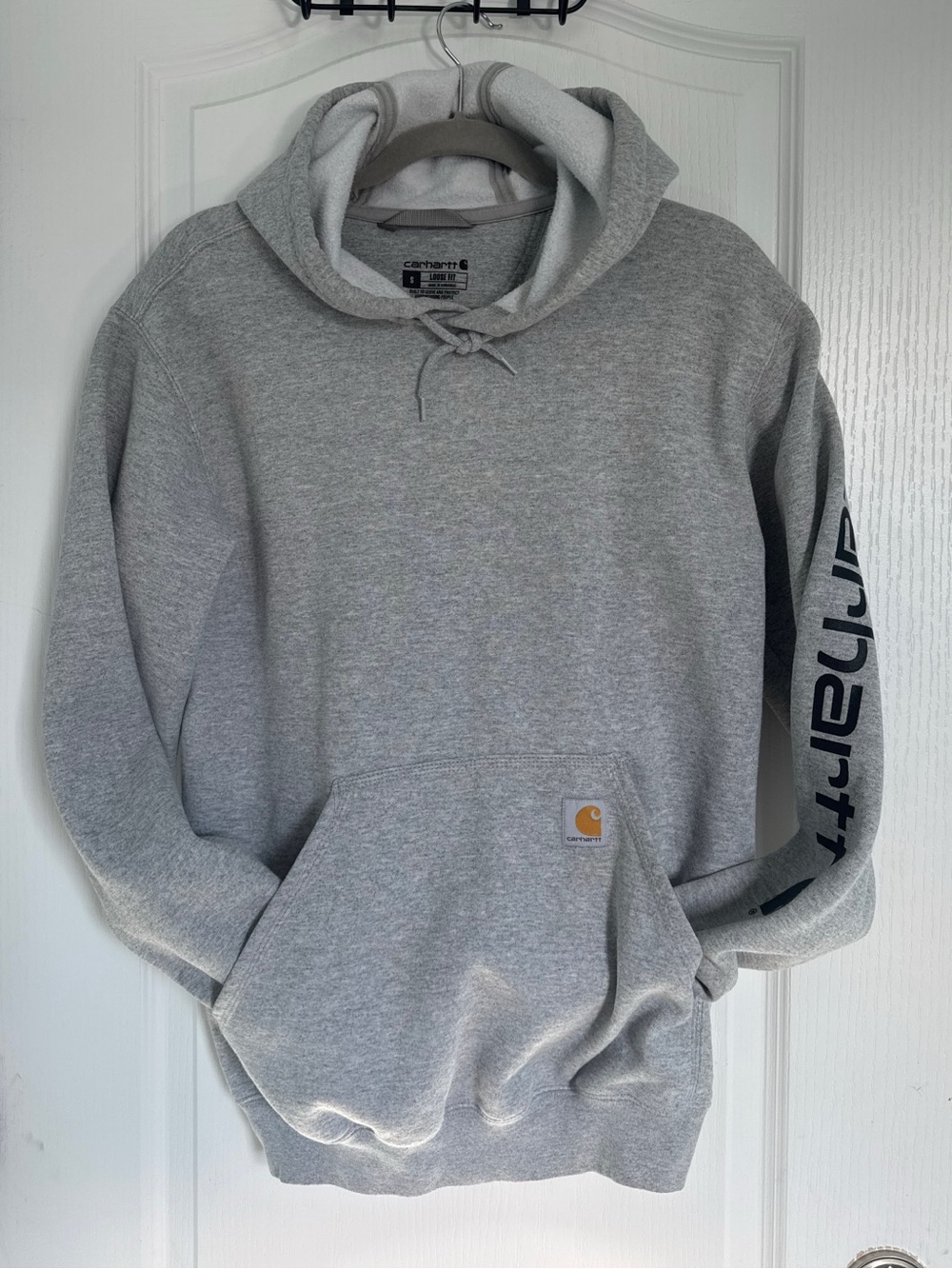 Carhartt Heather Grey Sleeve Logo Pullover Hoodie Sweatshirt Men’s Small